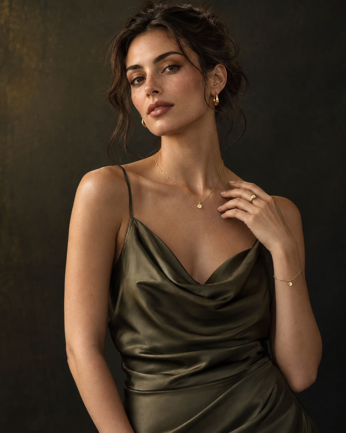 Imagen editorial ilustrativa de una modelo con joyas en orejas, cuello, mano y muñeca